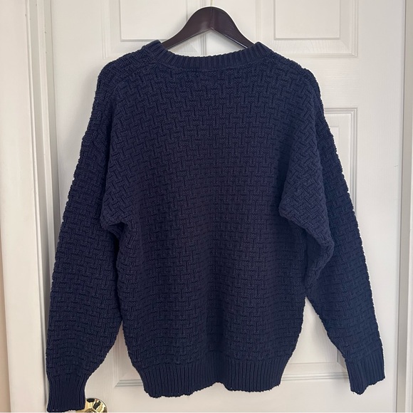 Vintage Eddie Bauer Men’s L Blue Basketweave Knit Sweater Made in USA Cotton - Picture 2 of 13